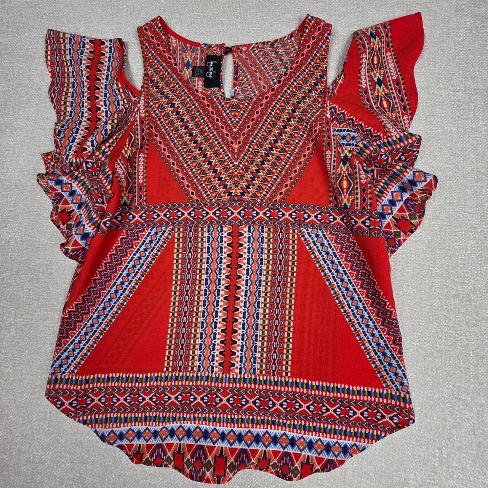 By & By Red Tribal Geometric Cold Shoulder Ruffle Sleeve Top Medium 1063063
